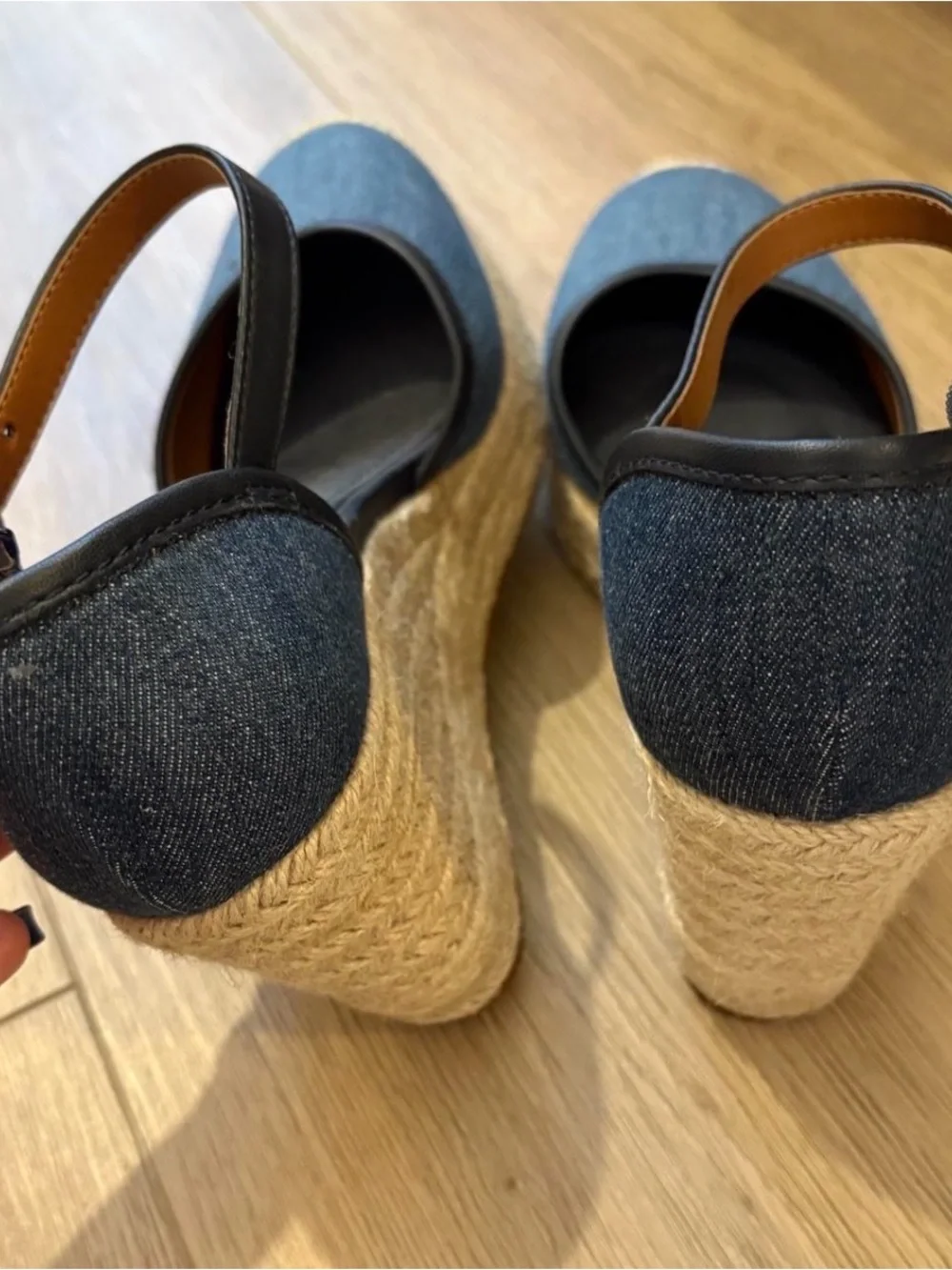 Coach Denim Wedge Sandals with Navy Trim and Ankle Strap